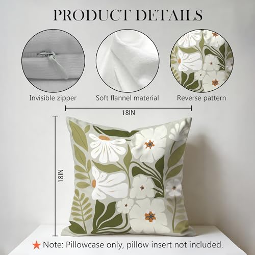Sage Green Floral Pillow Cover 18x18 - Double-Sided Boho Decor