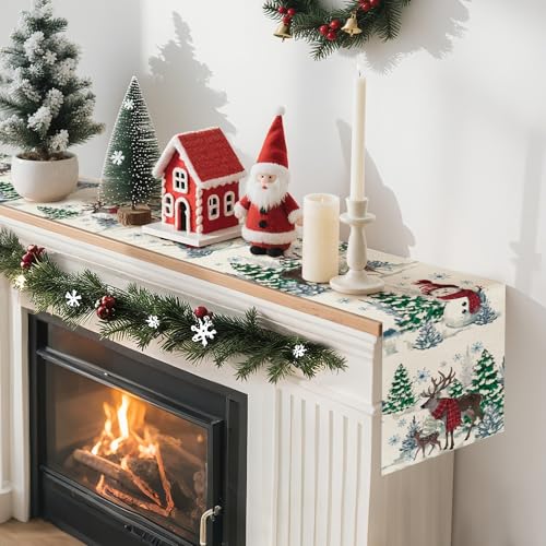 Artscope Reindeer Snowman Christmas Tree Table Runner 13x120 Inch Beige - Holiday Kitchen Decor