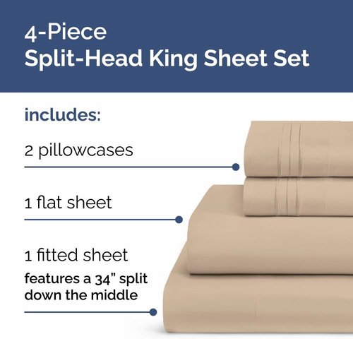 Flex Top Split Head King 4-Piece Sheet Set - Ultra-Soft Cooling Bedding - Deep Pockets - Oeko-Tex Certified - Cream