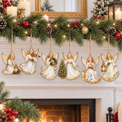 24Pcs Wooden Christmas Angel Ornaments with Jute Rope - E Style
