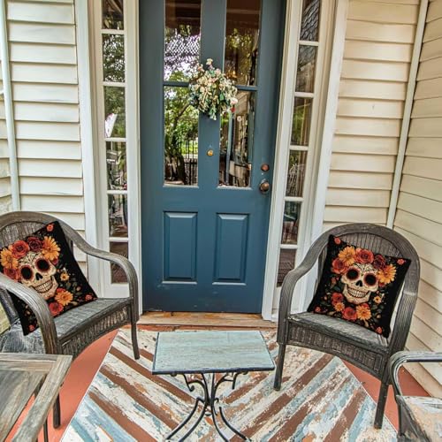 Sugar Skull Decorative Pillow Covers Set of 2 | 18x18 Inch Floral Art for Halloween & Day of the Dead