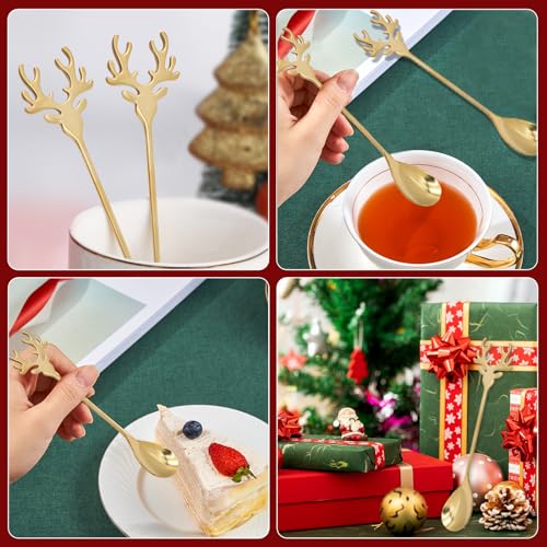 6 Inch Christmas Elk Deer Stainless Steel Dessert Spoons - Gold Set of 6