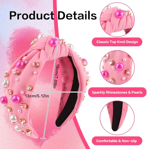Uintoon Pearl Knotted Headband Rhinestone Pink Hair Band for Women