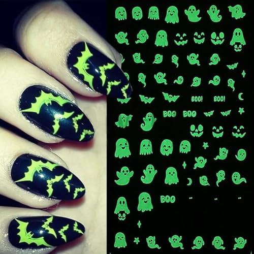 KAICCOSO 6pcs Glow in the Dark Halloween Nail Stickers Self-Adhesive Ghost Bat Nail Decals