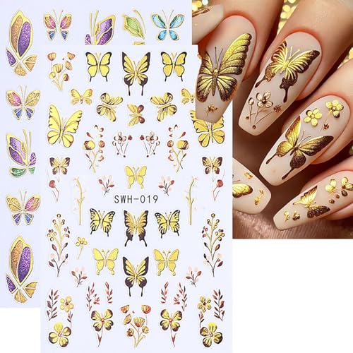 Butterfly Nail Art Stickers 3D Self-Adhesive Gold Blue Decals (6 Sheets)