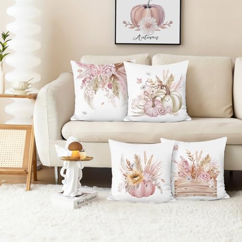 Bonhause Pink Pumpkin Fall Throw Pillow Covers (Pack of 4) - 18x18
