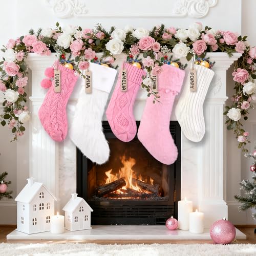 Christmas Stockings Set 5 Pcs Knitted & Plush Holiday Decorations - White & Pink, 18in & 15in, Farmhouse Rustic Style