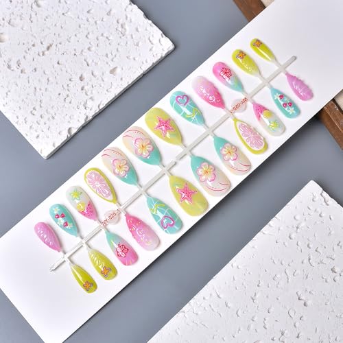 Medium Almond Press on Nails 3D Flower Fruit False Nails 24Pcs