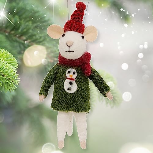 Whimsical Wool Mouse Ornament - Green Snowman Sweater Christmas Decor