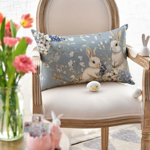 Easter Bunny Blue Throw Pillow Cover - 12x20 Inch Hydrangea Design