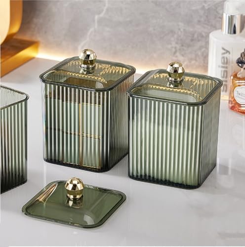 RANNYOZIO 2 Pack Acrylic Cotton Swabs Holder with Lid - Blackish Green Bathroom Organizer