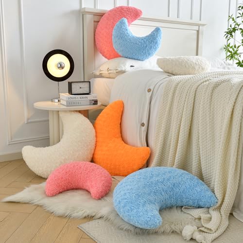 Moon Shaped Faux Fur Throw Pillow - Soft Decorative Half Moon Cushion, White