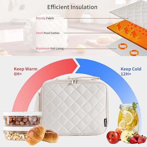 Pink Insulated Lunch Bag for Women, Quilted Lunch Tote with Aluminum Foil Lining, 6-Hour Hot & Cold Preservation, Easy-Clean & Spacious