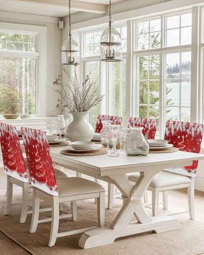 6PCS Christmas Chair Covers Set - Red Sparkle Ornaments, Slipcover for Dining Chairs