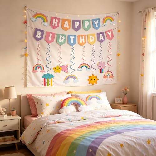 Pastel Rainbow Happy Birthday Banner with Hanging Swirls