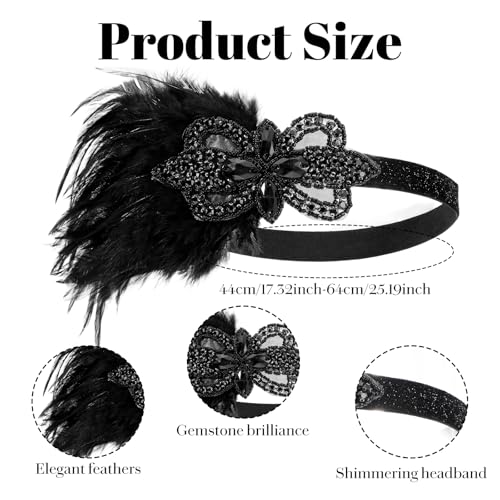 Yolev Black Flapper Headband with Feathers & Rhinestones for 1920s Party