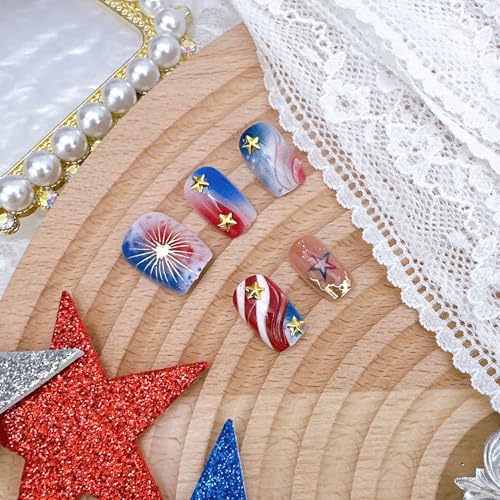 4th of July Press on Nails Short Square American Flag Star Fake Nails