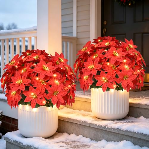 2PCS Christmas Poinsettia Ground Stake with LED Lights - Red Poinsettia With Lights