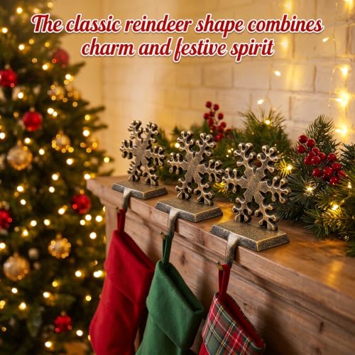 2 Pcs Snowflake Christmas Stocking Holders for Mantel - Rustic Cast Iron Hooks