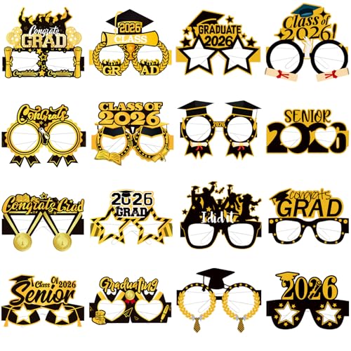 16PCS Graduation Glasses for Class of 2026 - Black & Gold Photo Props