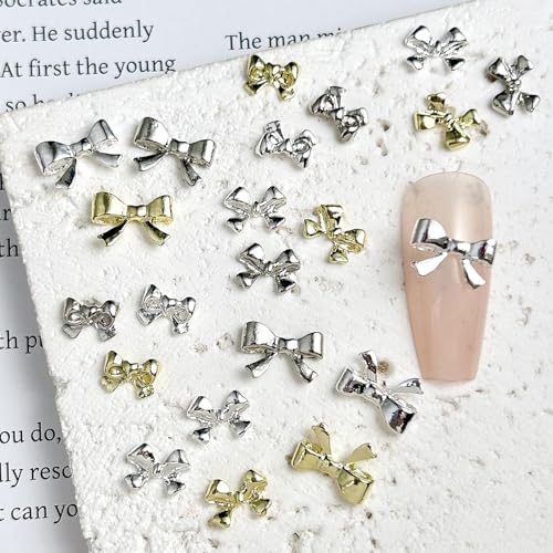 Tephrent 100Pcs Metal Bow Nail Gems and Charms - Gold & Silver Rhinestones