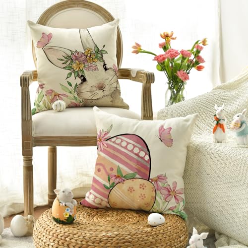 AVOIN Colorlife Happy Easter Bunny Throw Pillow Covers - Set of 4, 18" x 18"