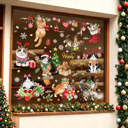 Christmas Window Clings - Cat Theme Double-Sided Holiday Decor, 9 Sheets - Black Cat Variation