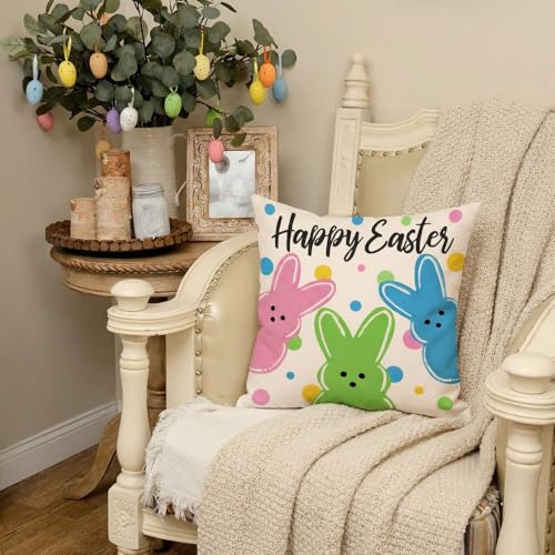 AACORS Easter Pillow Cover 18x18 - Colorful Bunnies & Polka Dots