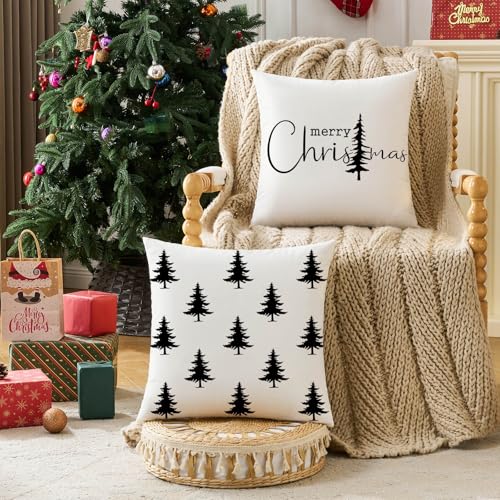 Black and White Merry Christmas Tree Throw Pillow Covers 18x18 (Set of 2)