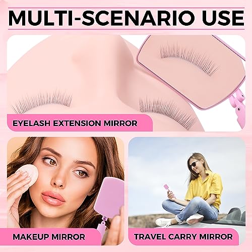 Miuffue Large Square Lash Mirror for Eyelash Extensions, 260° Rotating Folding Portable Tool, Pink