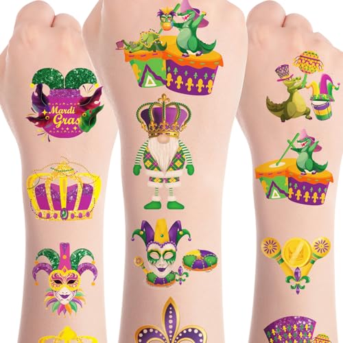 Mardi Gras Temporary Tattoos 8 Sheets 200+ Fat Tuesday Party Favors