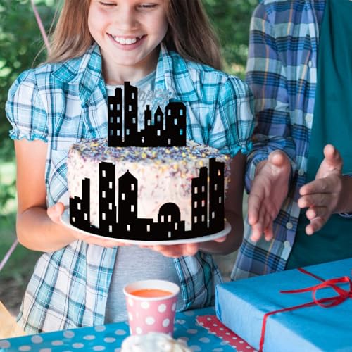 Lemicin 6 Pcs City Cake Side Borders - Black Double-Sided Lighted Skyline Cake Toppers for Birthday Parties