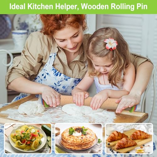 BIDFUL 17-Inch Natural Wood Adjustable Rolling Pin with Thickness Rings