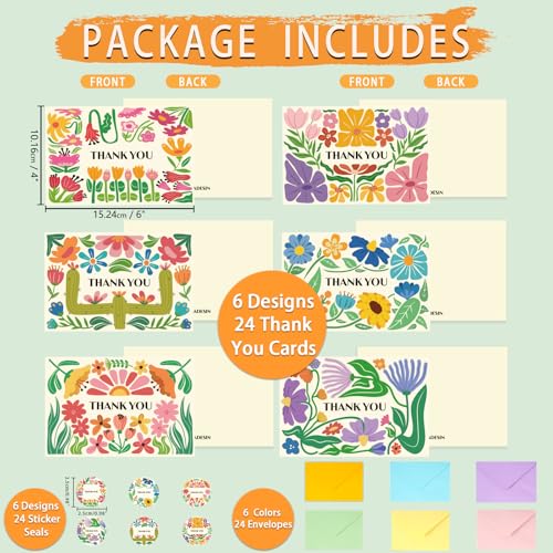 Flower Thank You Cards Bulk with Envelopes & Stickers - 24pcs Set