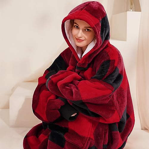 Narecte Cozy Oversized Wearable Hoodie Blanket for Adults - Red Plaid
