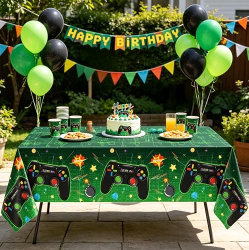 4-Pack Green Video Game Tablecloths for Kids' Parties, 51x86"