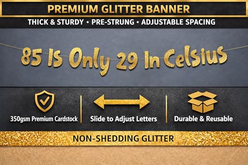 85th Birthday Gold Glitter Banner - Pre-Strung 85th Milestone Party Decor