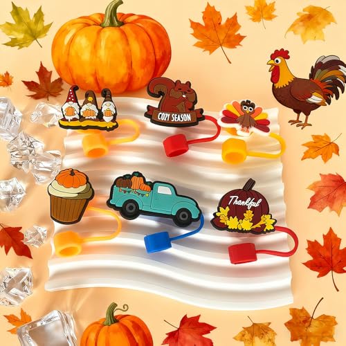 Thanksgiving Straw Covers - 6 Reusable Silicone Caps for 10mm Straws