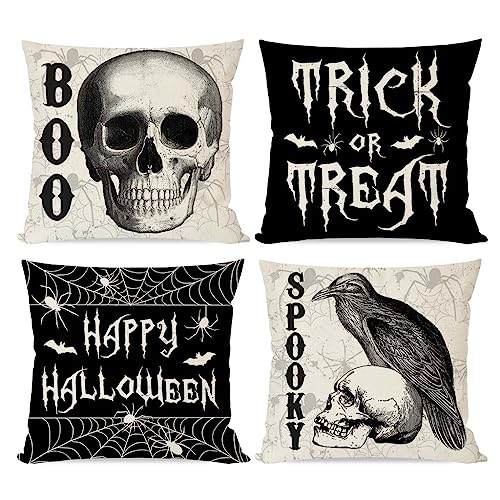 PANDICORN Black Halloween Pillow Covers 16x16, Set of 4 - Skull & Crow Designs