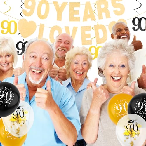 90th Birthday Decorations Set - Gold Banner, Balloons & Swirls