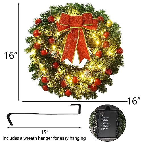 16-Inch Pre-lit Christmas Wreath with Hanging Hook and 40 LED Lights - Battery Operated Holiday Decor