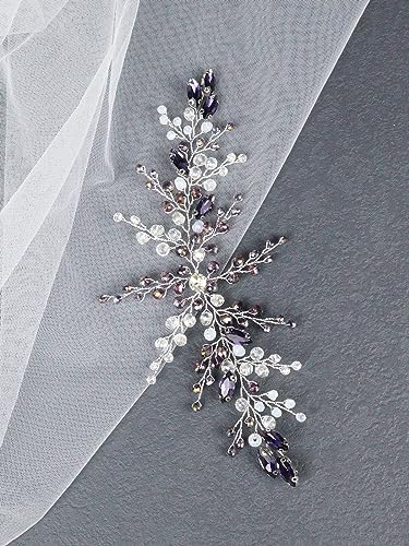Brihasory Crystal Bridal Headband Handmade Rhinestone Wedding Hair Piece Purple