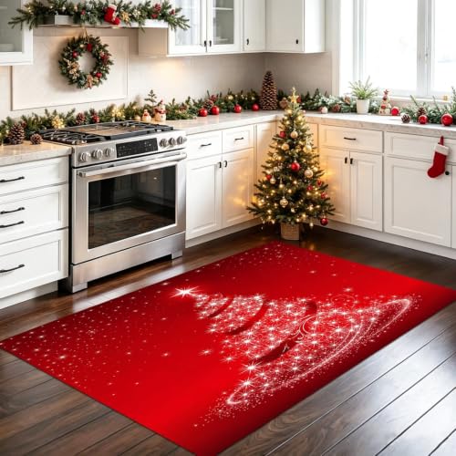 Red 3x5 ft Christmas Tree Area Rug Holiday Floor Mat for Home Decor