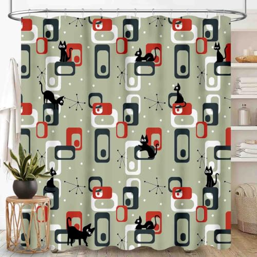 Mid Century Modern Cat Shower Curtain - Waterproof 72x72