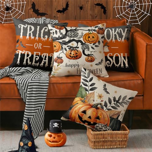 Halloween Pumpkin & Spooky Fall Leaves Throw Pillow Covers Set of 4 18x18