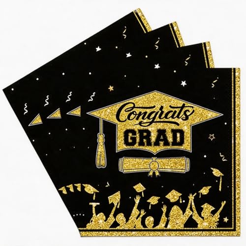 Graduation Napkins Class of 2026 - 20 Pcs Black & Gold Disposable