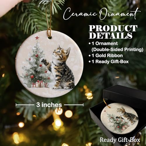 Christmas Cat Tree Ornament - Ceramic Round Hanging Keepsake - Cat Variation