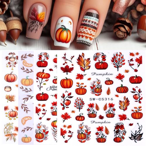 Fall Nail Stickers 3D Thanksgiving Pumpkin Autumn Leaves Decals 4 Sheets