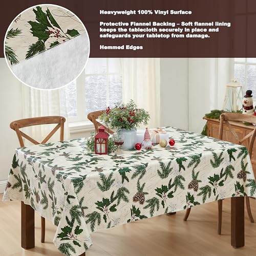 Newbridge Christmas Joyful Holly Vinyl Tablecloth 60 x 102 Inch Rectangular Holiday Decor - Flannel Backing