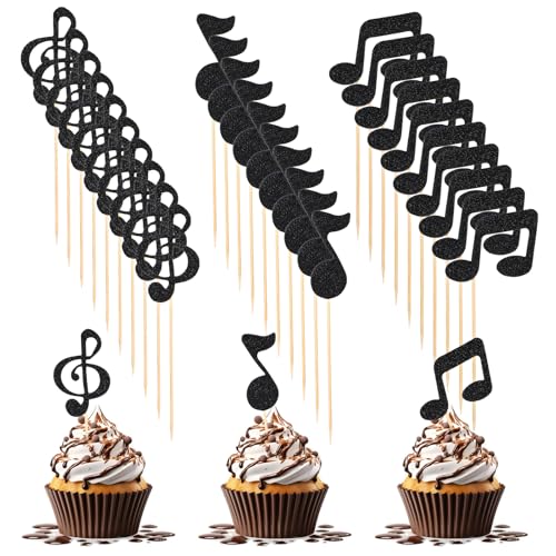 Black Glitter Musical Note Cupcake Toppers 30pcs for Music Parties